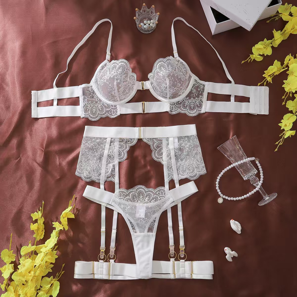 Picture of Amazon Independent Station Sexy Lingerie Heavy Embroidered Metal Buckle Hollow Perspective Multi-piece Set