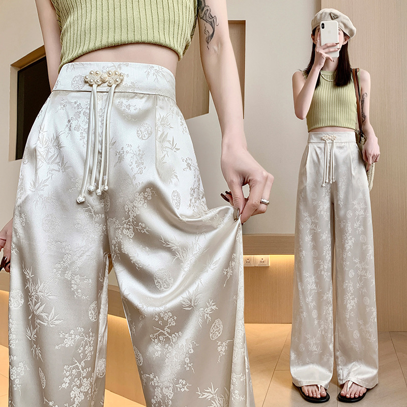 New Chinese style satin jacquard wide-leg pants for women 2024 spring and summer new high waist slimming loose casual mopping pants