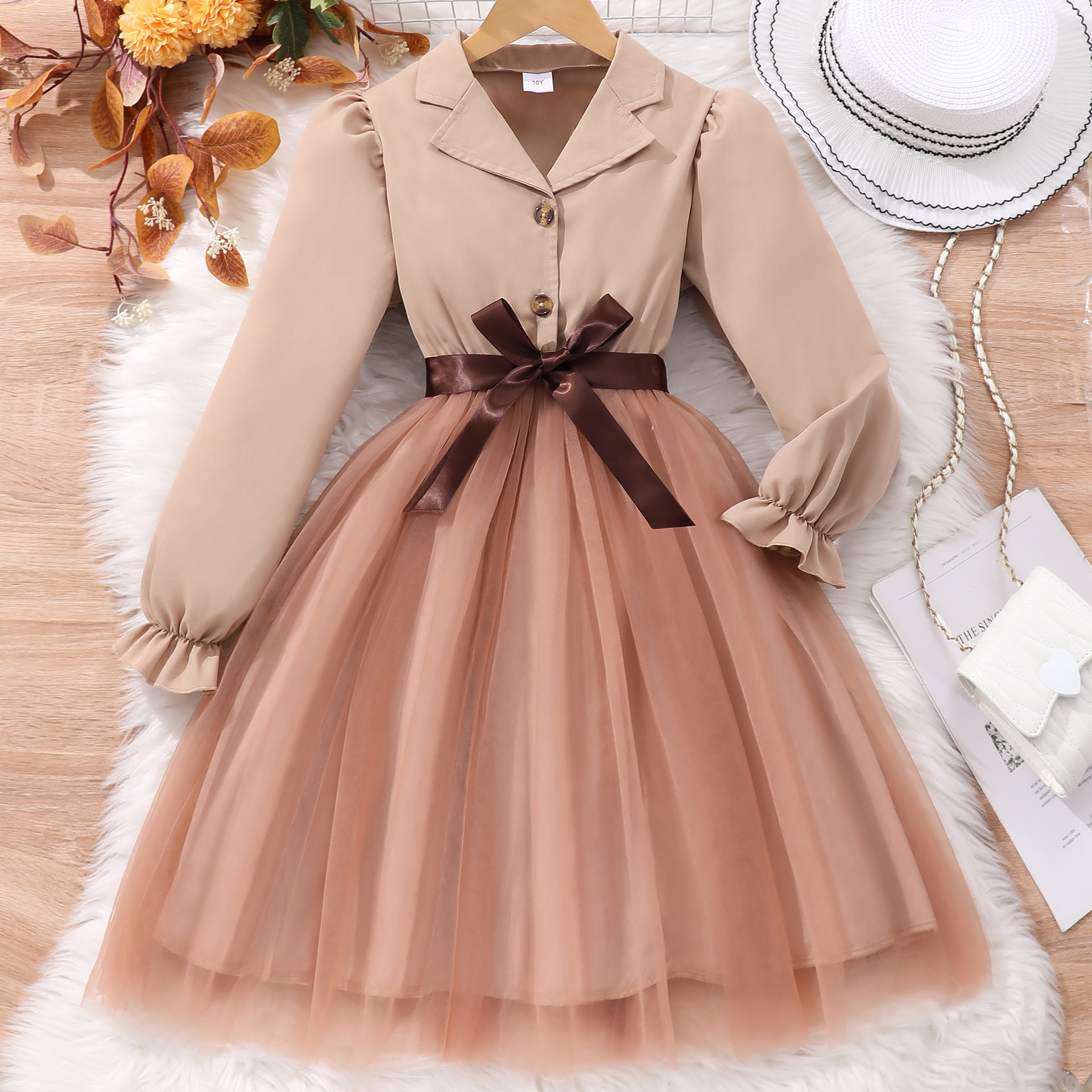 Cross-Border New Style Girls' Long-Sleeved Lapel Solid Color Mesh Dress with Woven Belt
