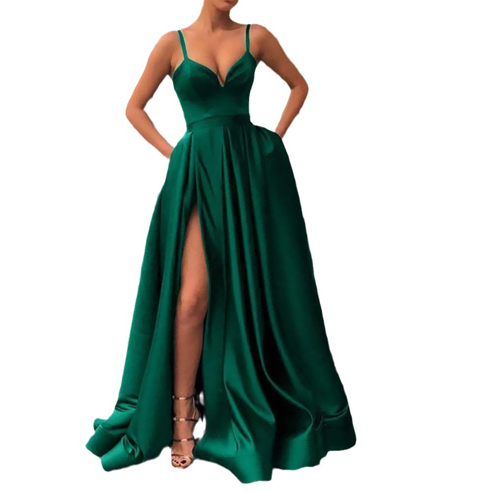 Picture of 2025 New Cross-Border Spring Amazon European and American Dress Slimming Look Pure Color Suspender Tail Banquet Satin Dress