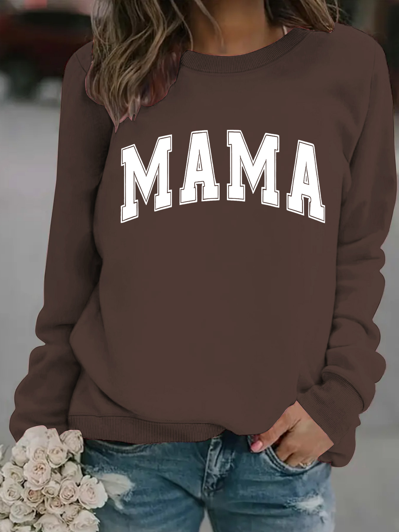 Picture of Europe and the United States cross-border autumn and winter women's casual long sleeve round neck MAMA printed pullover sweatshirt sweater wholesale