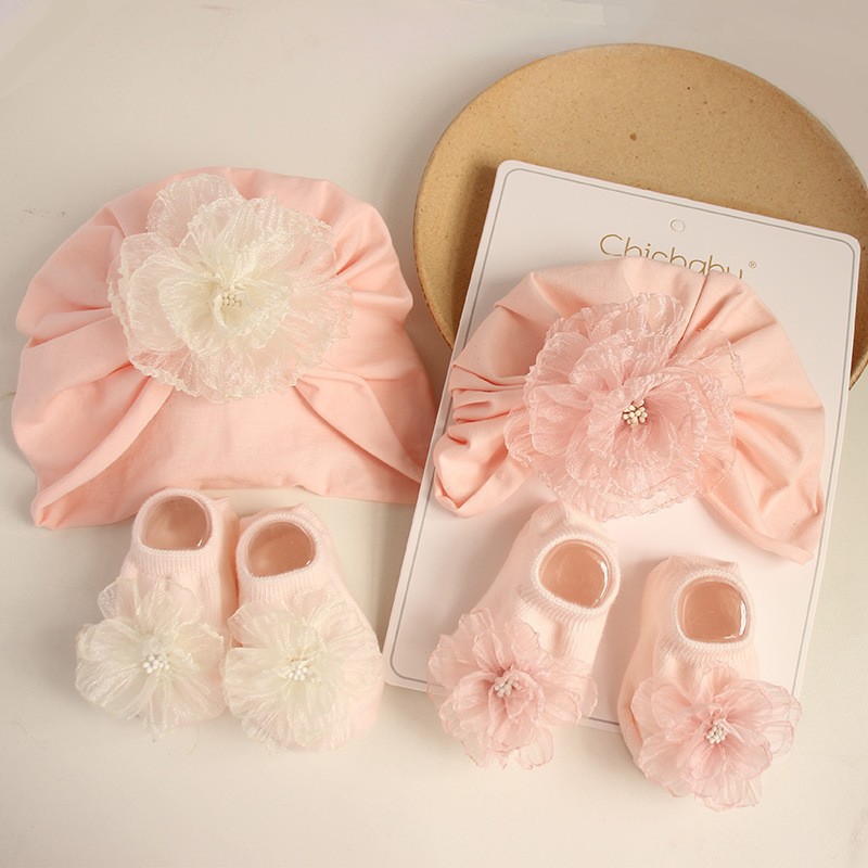 Picture of Cross-border Cute Flower Newborn Baby Fetal Cap Newborn Baby Girl Socks Spring Autumn Summer Hat 0-12 Months