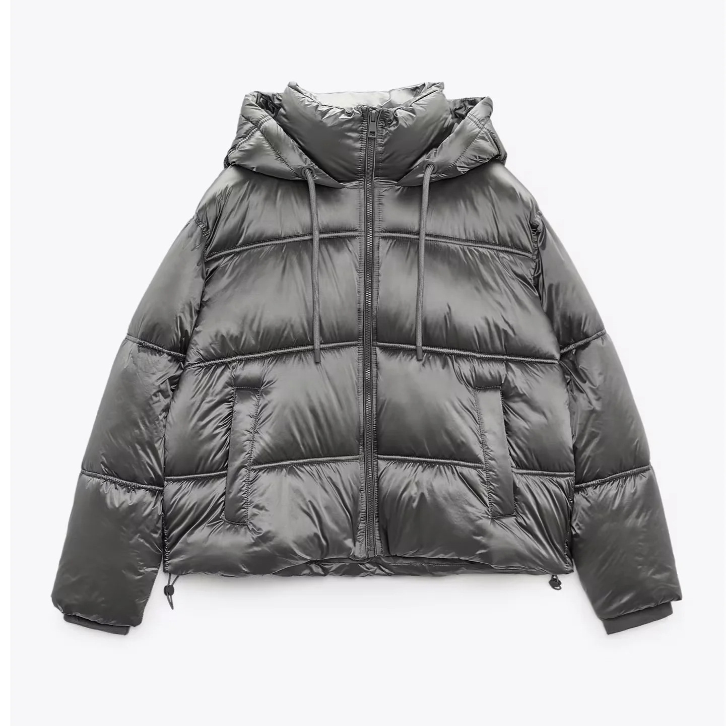 European and American Style Women's 2023 Autumn and Winter New Silver Satin Glossy Skin-Feel Cotton Coat Hooded Women's Pure Color Hooded Cotton Coat