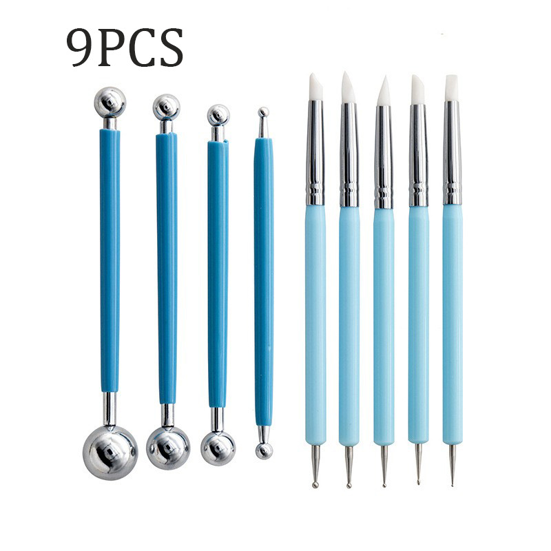 Cross-Border Pottery Tools 9-Piece Set Silicone Dotting Pen Steel Ball Stick Indentation DIY Clay Stone Plastic Tools