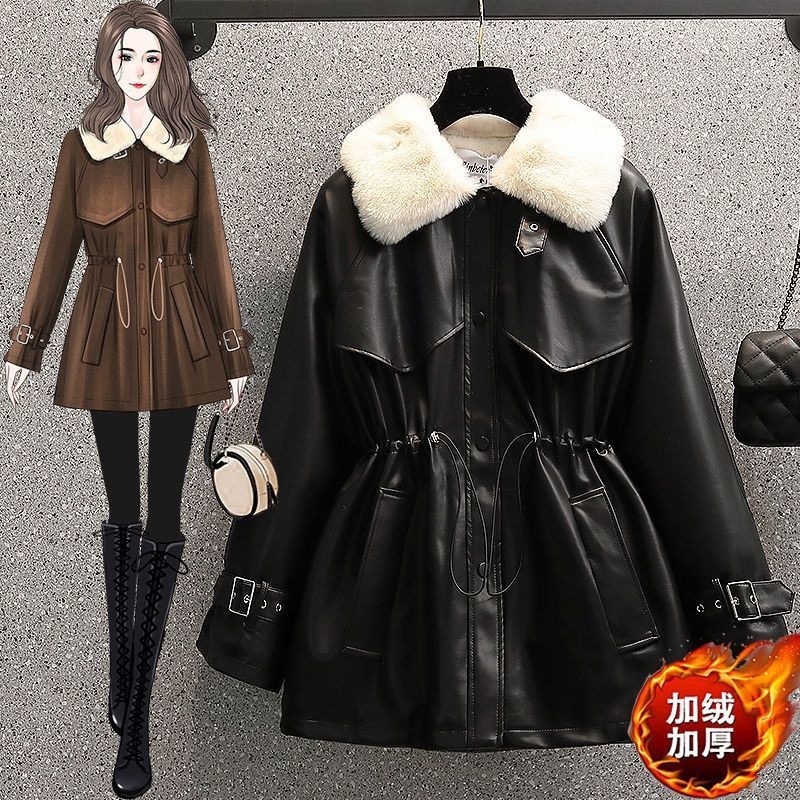 plus size women's winter new temperament waist fur one locomotive fleece-lined leather coat 112)