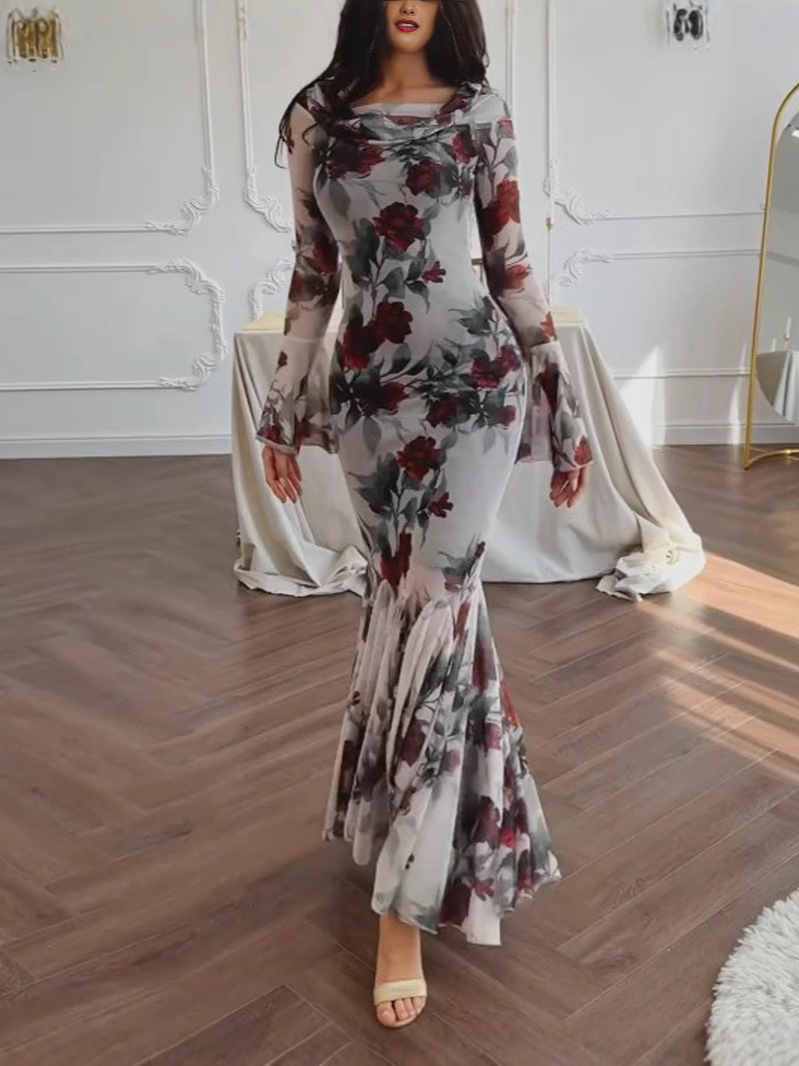 Autumn 2024 New European and American Cross-border Amazon Cross-border Pure Desire French Tea Break Printed Fishtail dress