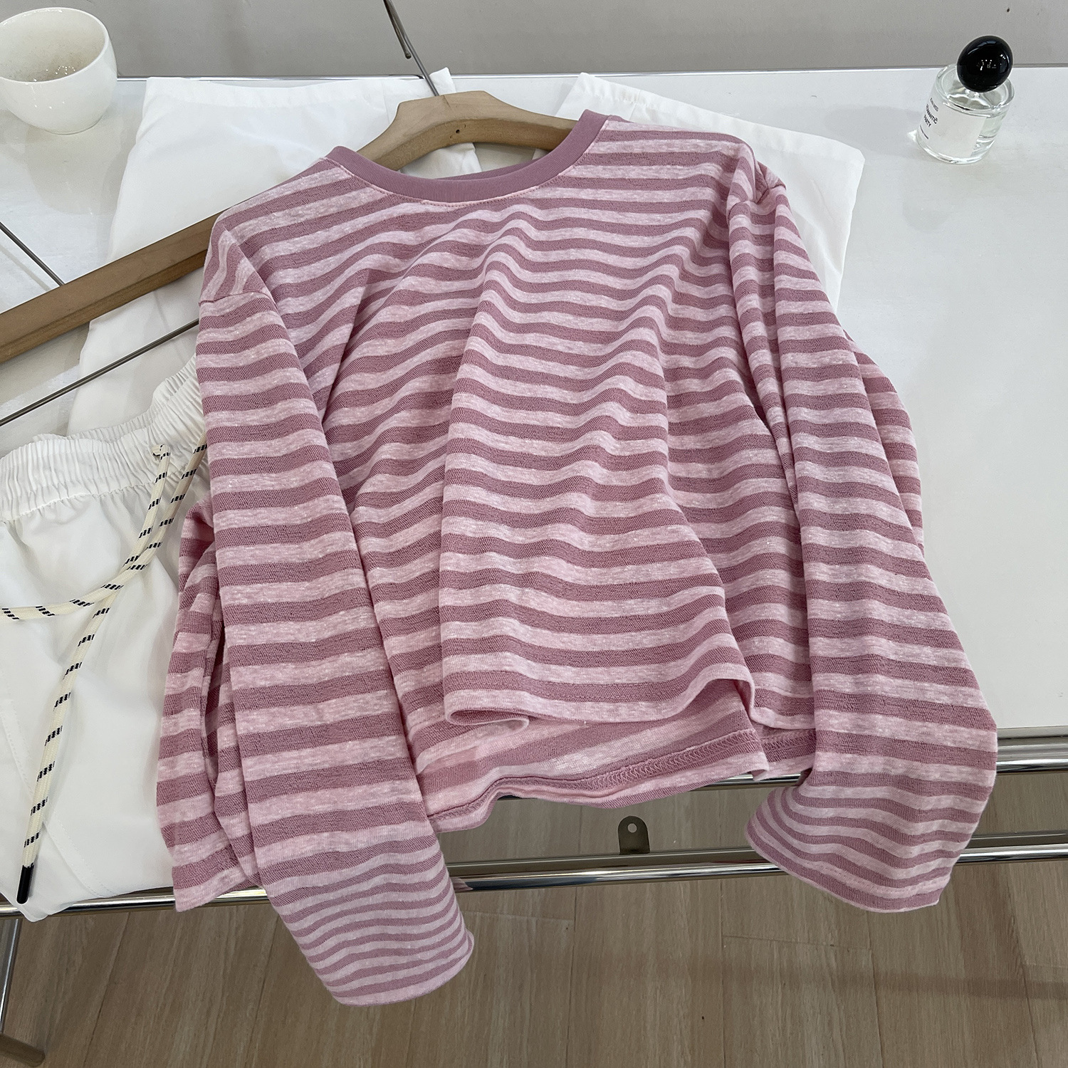 Korean drama hostess! Pink Striped Slub Cotton T-shirt Women's Summer New Age-reducing All-match Long-sleeved Sun-protective Shirt Top