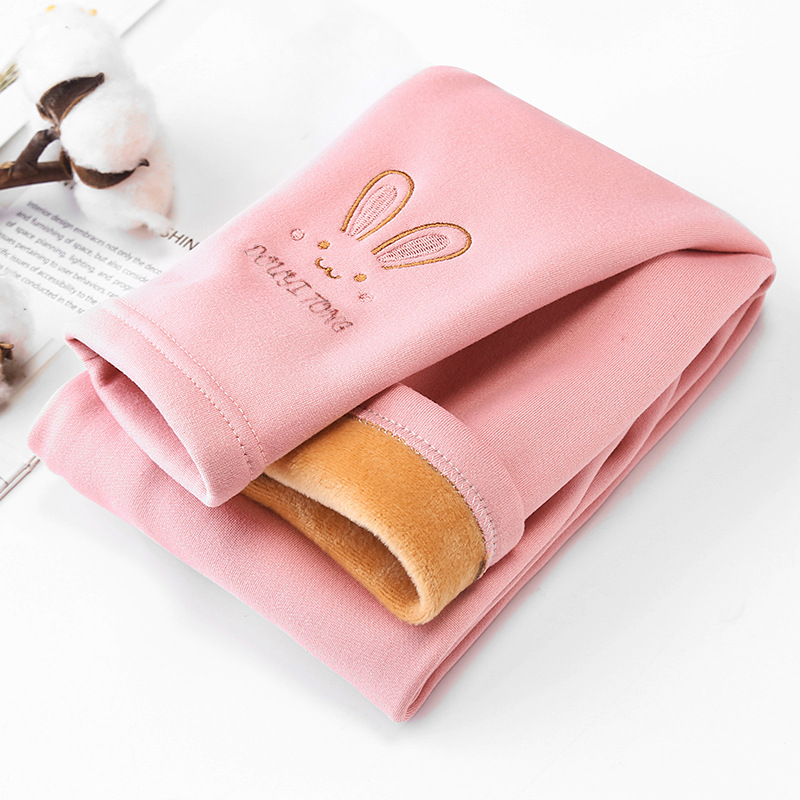 Picture of Children's golden velvet leggings fleece-lined thickened winter outerwear autumn and winter girls' embroidered warm western style cartoon pajama pants