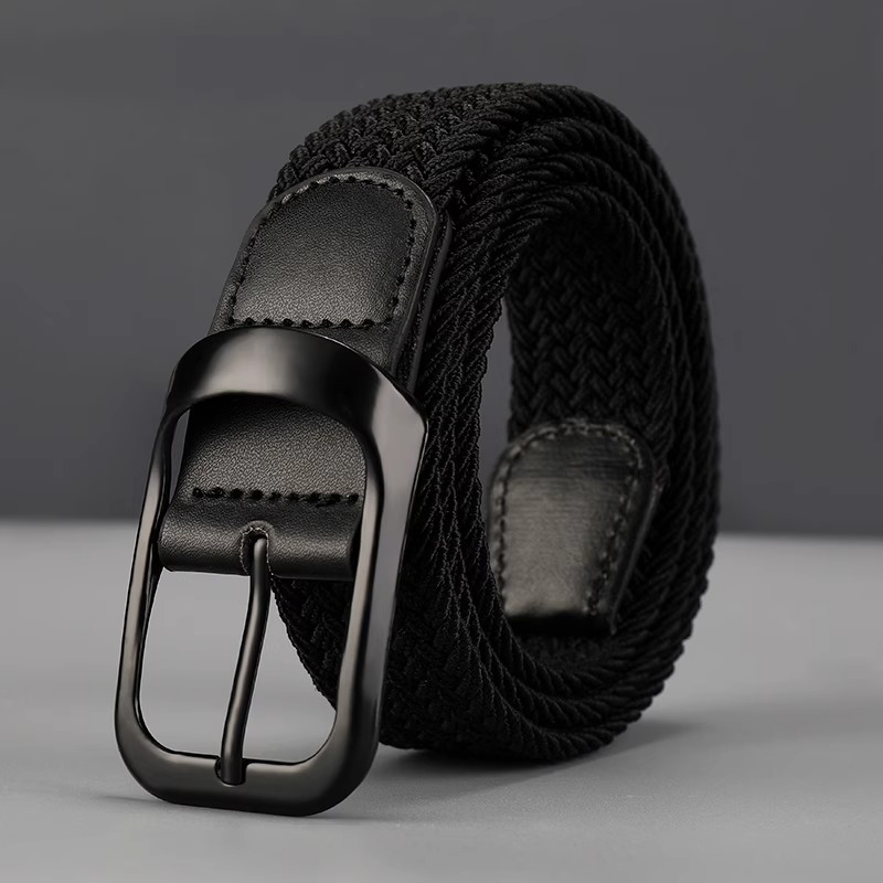 Leather belt, canvas men's pin buckle, black casual belt, trendy student versatile elastic woven no-drill pants belt