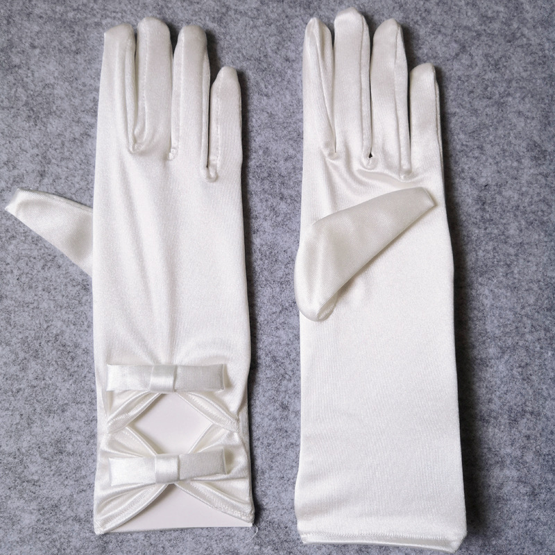 Bridal Wedding Yarn Dress Satin Stretch Gloves Mid-Length Bow Full-Finger Hollow Cross-Border White Performance