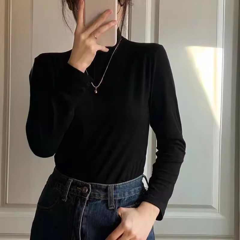 Velvet Mock Collar Base Shirt Women's Autumn and Winter All-match 2024 New fleece-lined Thickened All-match Stylike Inner Top