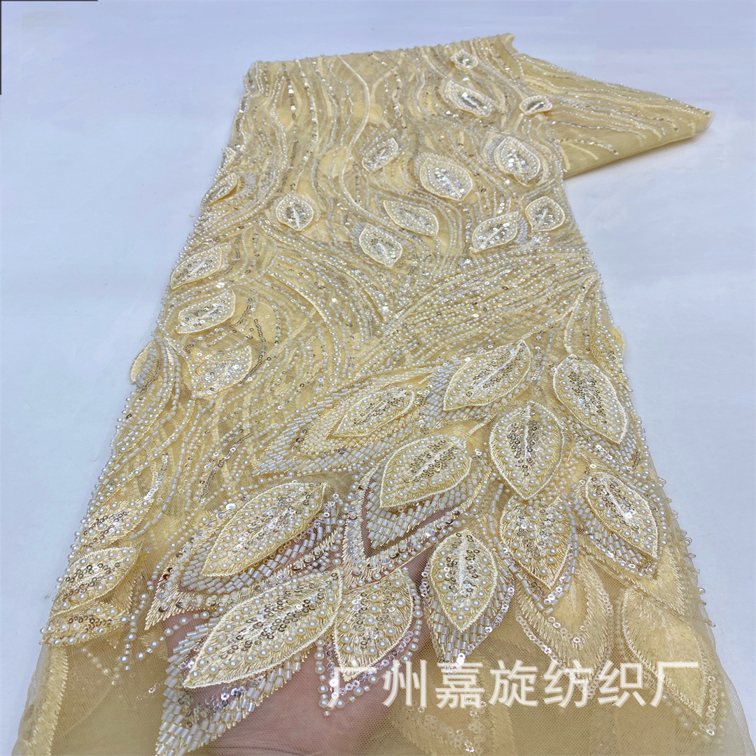 New Double-Layer Stereo Bubble Bead Tube Leaf Embroider Lace Fabric Single-Sided Wedding Dress Performance Clothing Fabric