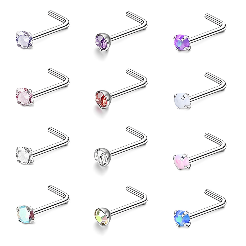 Europe and the United States new stainless steel zircon nose nail round L titanium steel nose piercing jewelry foreign trade Amazon
