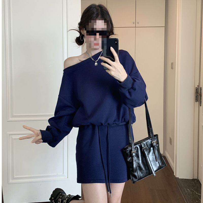Cross-border oblique shoulder sweater women's autumn new design sense cross-border loose long-sleeved off-shoulder top hip half-length trend