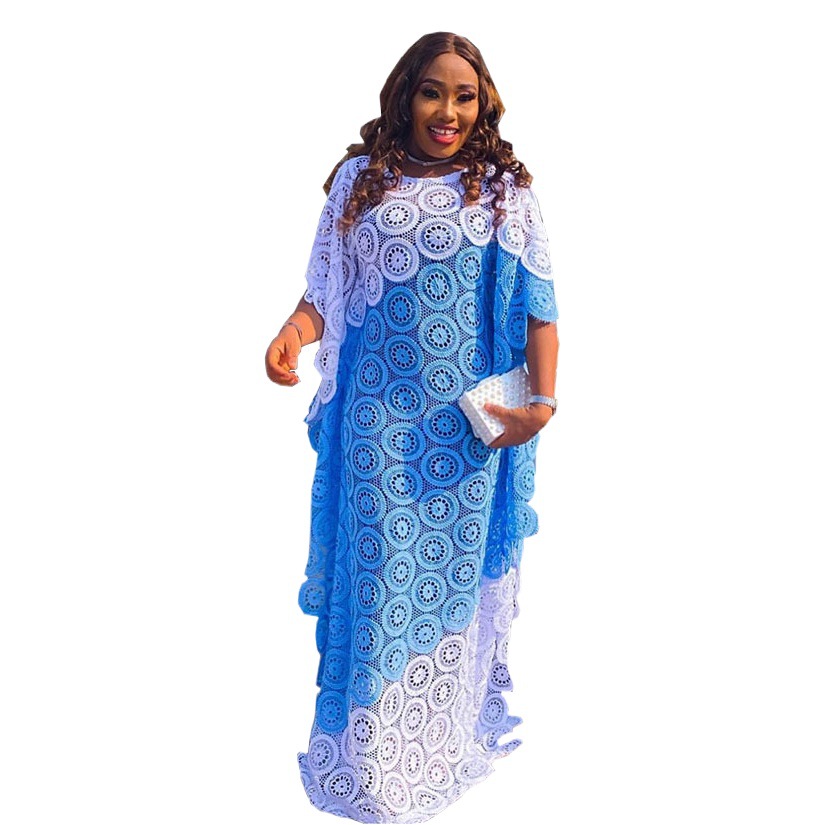 Foreign Trade African Women's plus size Embroidered Lace Color-block Loose Dolman Sleeve Gown Long Dress