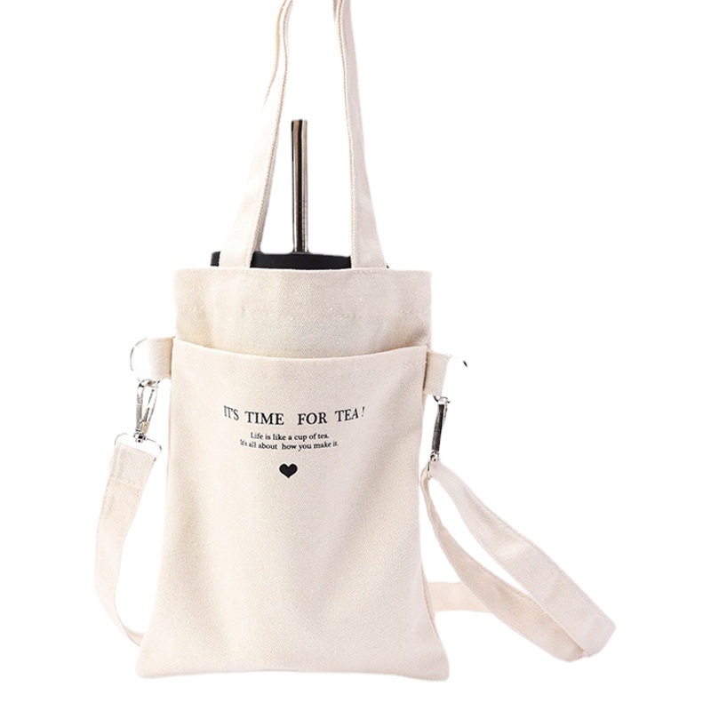2025 New Canvas Milk Tea Cup Bag Water Cup Storage Canvas Handbag Shopping Fashion Portable Double-mouth Canvas Bag