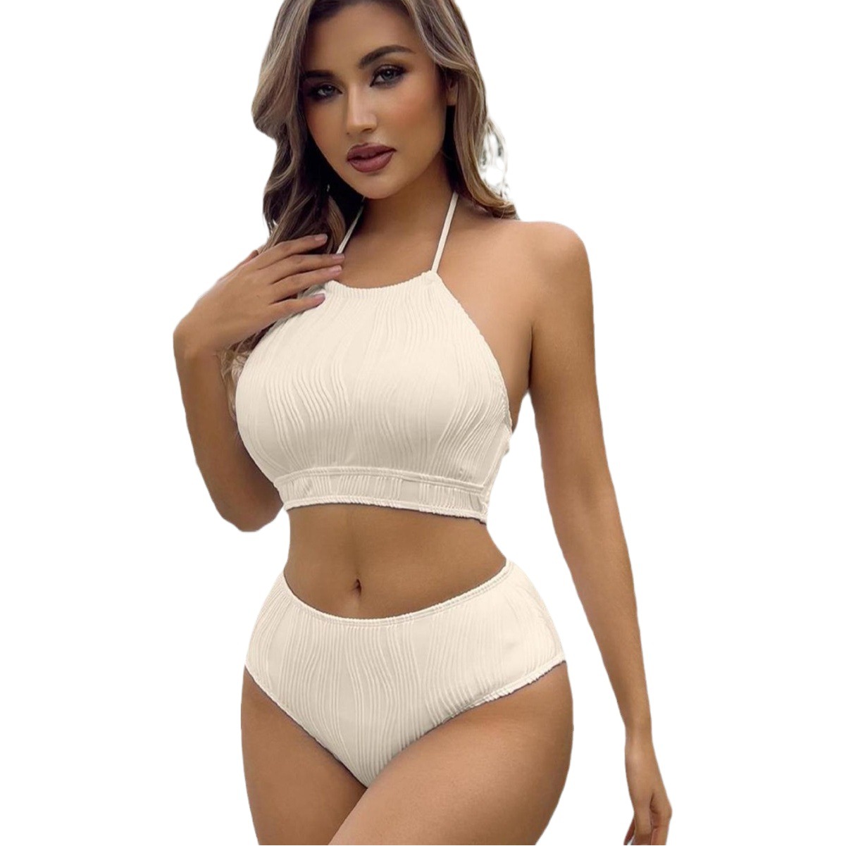 2024 New ins European and American Foreign trade swimsuit women's split high waist stripe solid color Internet celebrity cross-border bikini wholesale