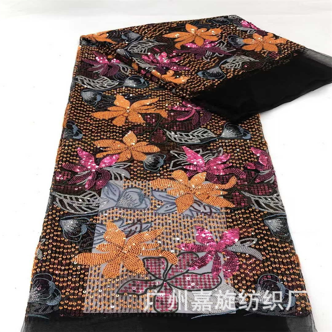 Cross-border export colored glaze color sequins mesh embroidery lace fabric flower leaf embroidery garment fabric lace