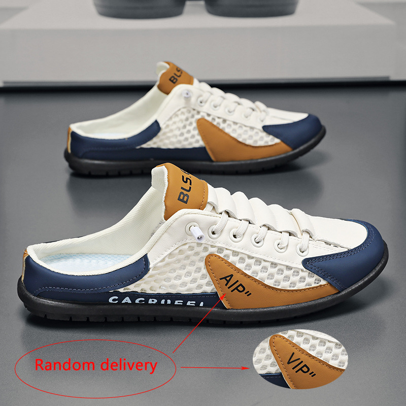 Cross-border extra-large size men's sandals loafers one-step hollow mesh sandals casual shoes mesh lightweight