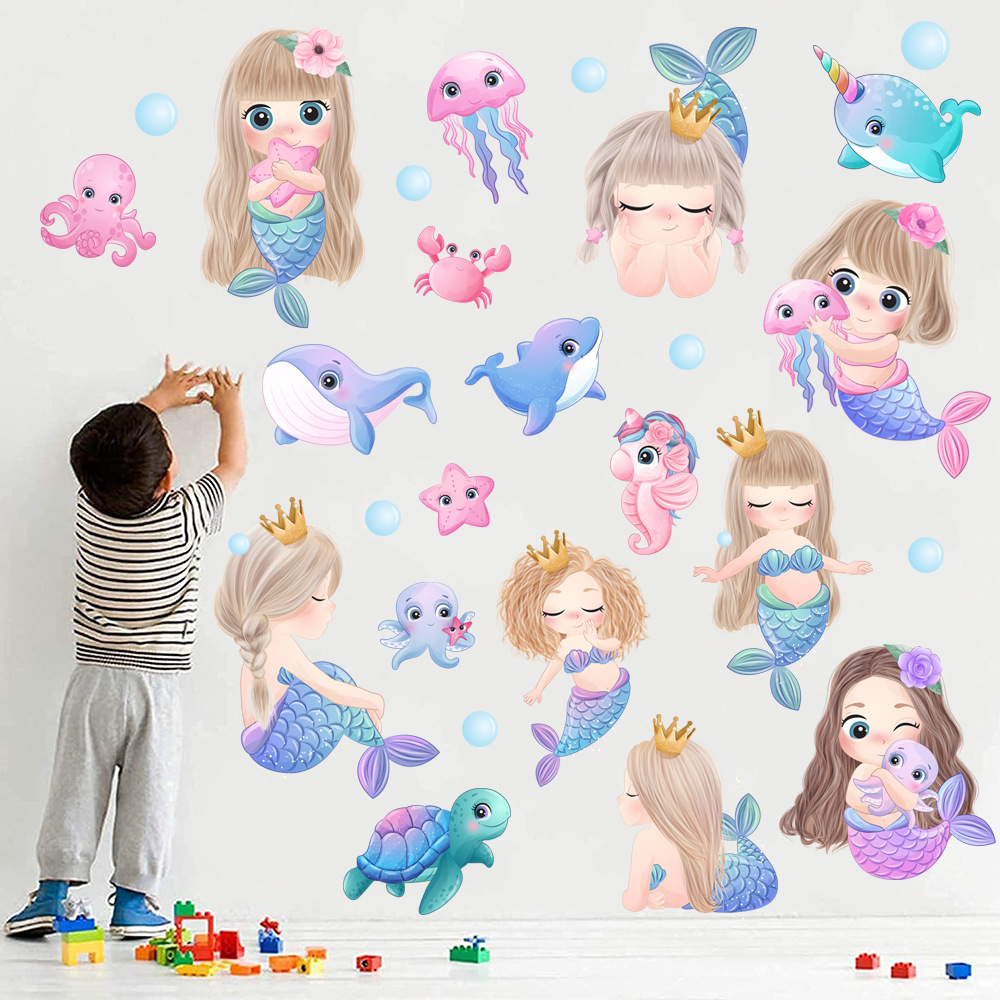 New Mermaid Crab Jellyfish Bubble Turtle Dolphin Wall Stickers Living Room Bedroom Children's Room Decorative Painting KSY-97