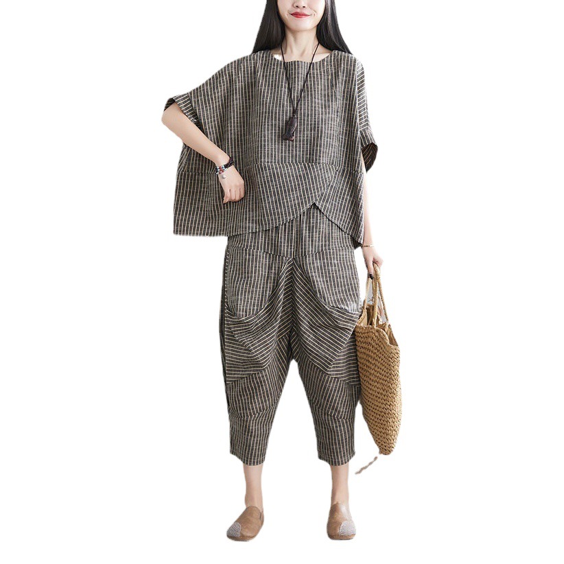 Fashion Casual Suit 2021 Summer Cotton Linen Loose Striped Short Sleeve Bat Top + Nine Harem Pants Women