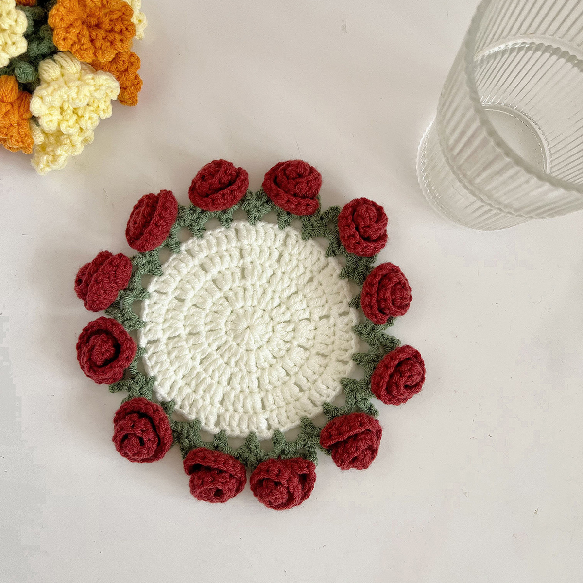 Picture of Beginner Handmade Weaving DIY Materials Kit, Yarn, Crochet, Lily of the Valley Gradient Coaster Gift for Girlfriend