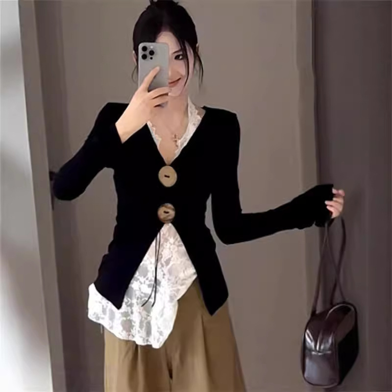 Cross-border Factory Black Spice Girl V-neck Long Sleeve T-shirt Women's Spring and Autumn Lace Hanging Neck suit Pure Desire Two-piece Set