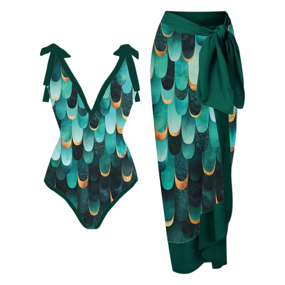 2023 Amazon New One-piece Swimsuit Multicolor Printed Hip Gauze Skirt Anti-glare Two-piece Sunscreen Swimsuit for Women