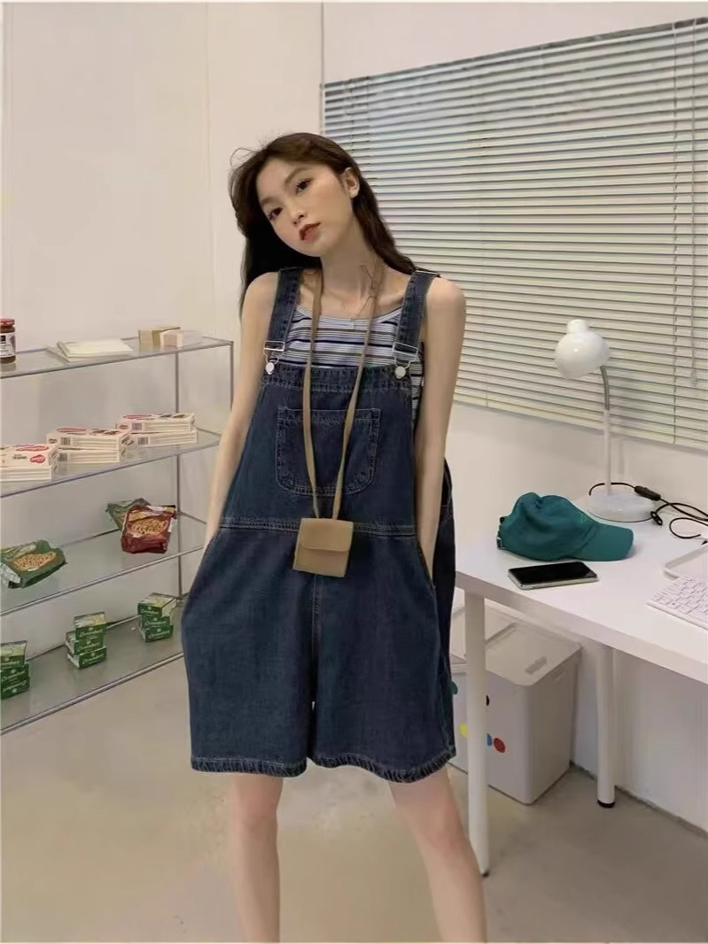 High-Waisted Denim Suspender Shorts Women's Thin Suspender Jumpsuit 2025 Summer New Straight Loose Wide-Leg Pants