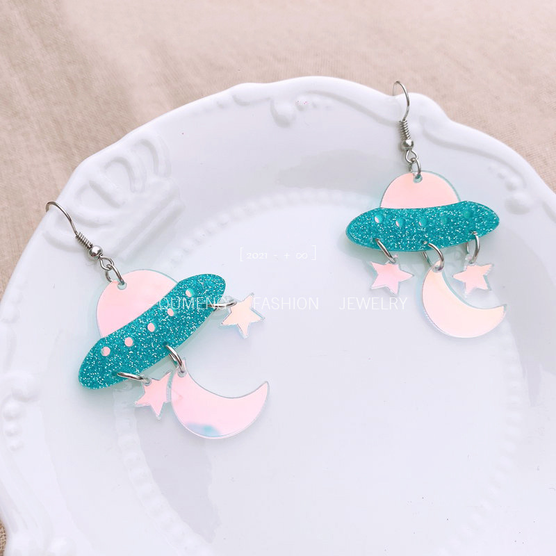 Creative New UFO Earrings Mint Green Colorful Moon Star Earrings ins Personality Elegant Funny UFO Earrings