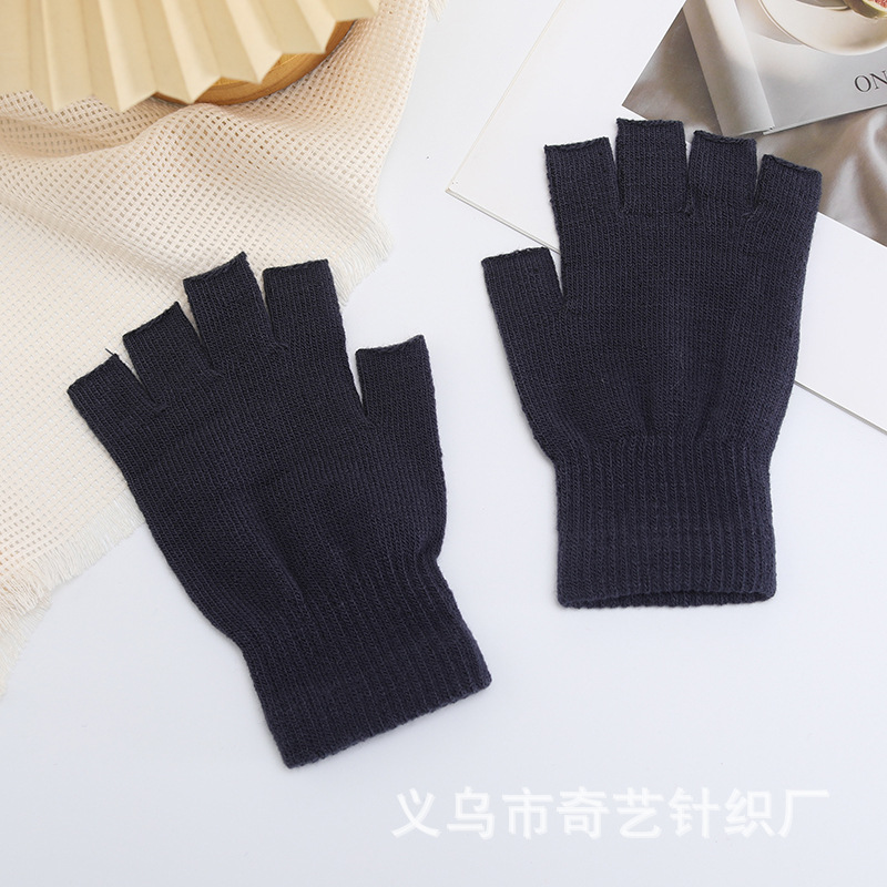 Picture of Black half finger finger elastic stretch acrylic knitted winter gloves for mobile phone