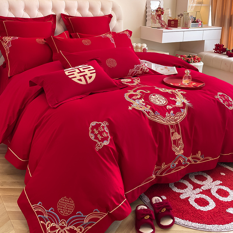 Picture of Y * J Chinese Dragon and Phoenix Embroidery Big Red Wedding Four-Piece Set Wedding Accompanying Cotton Six-Piece Bed Sheet Quilt Cover Bed