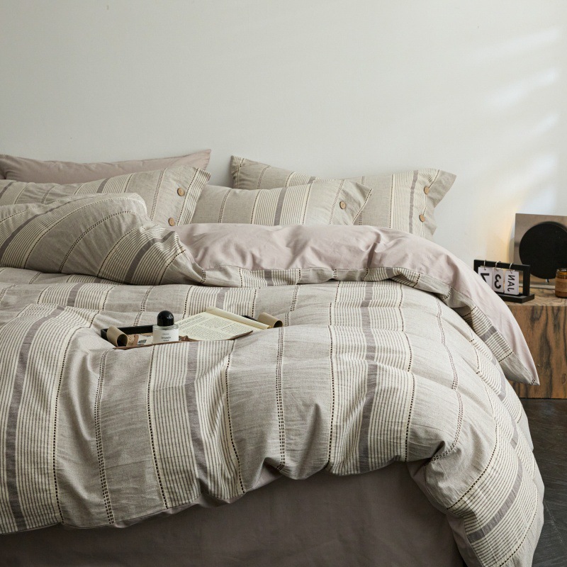 Simple cotton yarn-dyed jacquard double-layer yarn four-piece set cotton bed sheet quilt cover three-piece set bed hat Nantong home textile