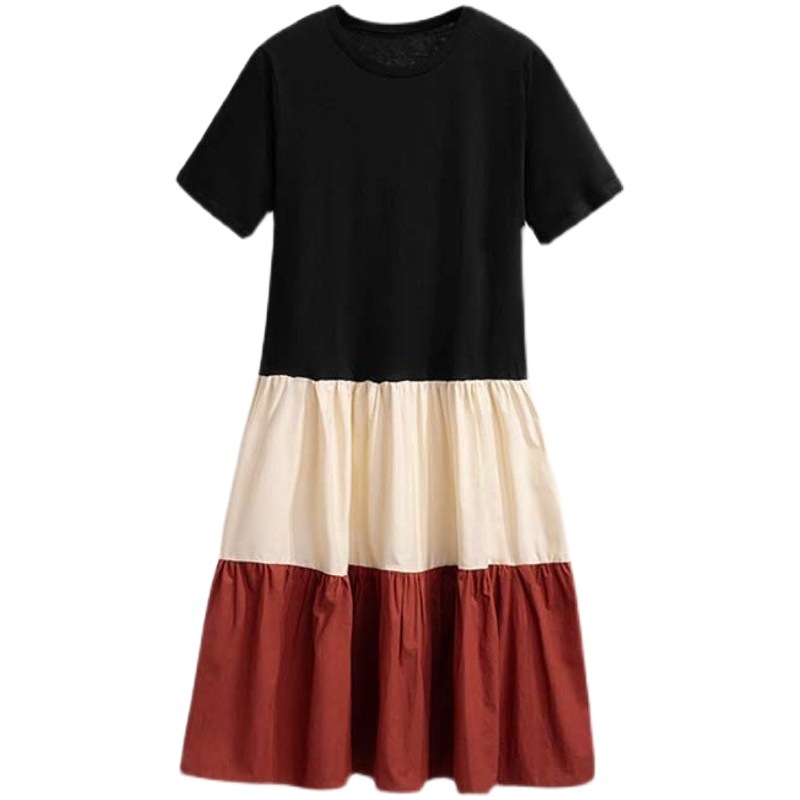 Korean style T-shirt dress stitching contrast color female student loose plus size fashionable western style mid-length over-the-knee skirt summer