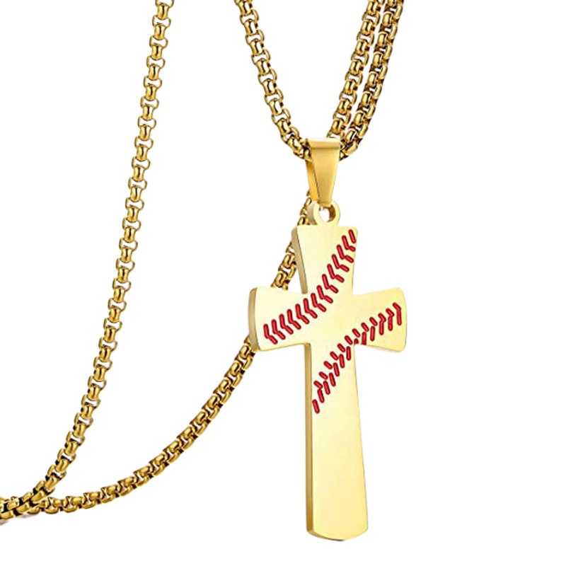 European and American Cross-Border Sports Style Stainless Steel Scripture Baseball Pattern Cross Pendant Necklace Men's Niche Hip-Hop Jewelry