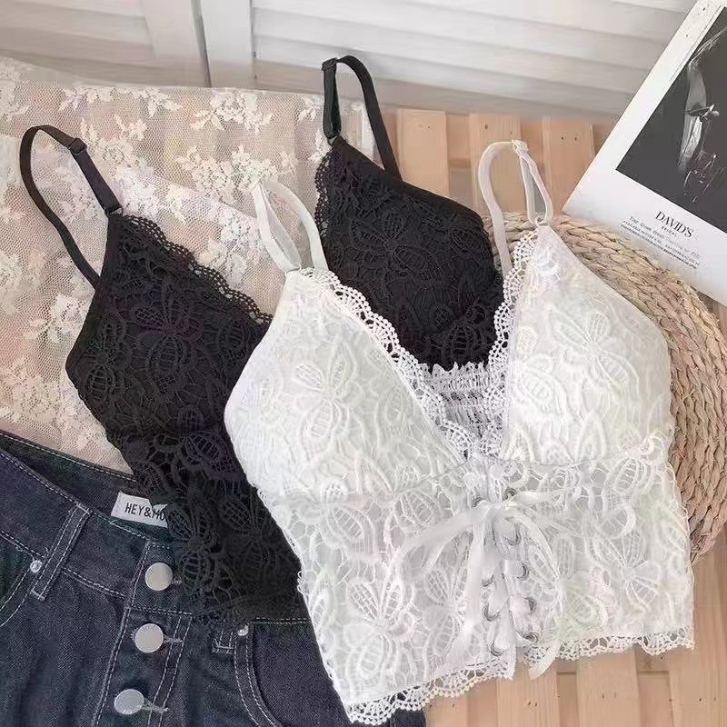 French Style Sexy V-Neck Bow Lace Slim-Fit Strap Strap Outer Wear Base Top Beautiful Back Wrap Underwear for Women