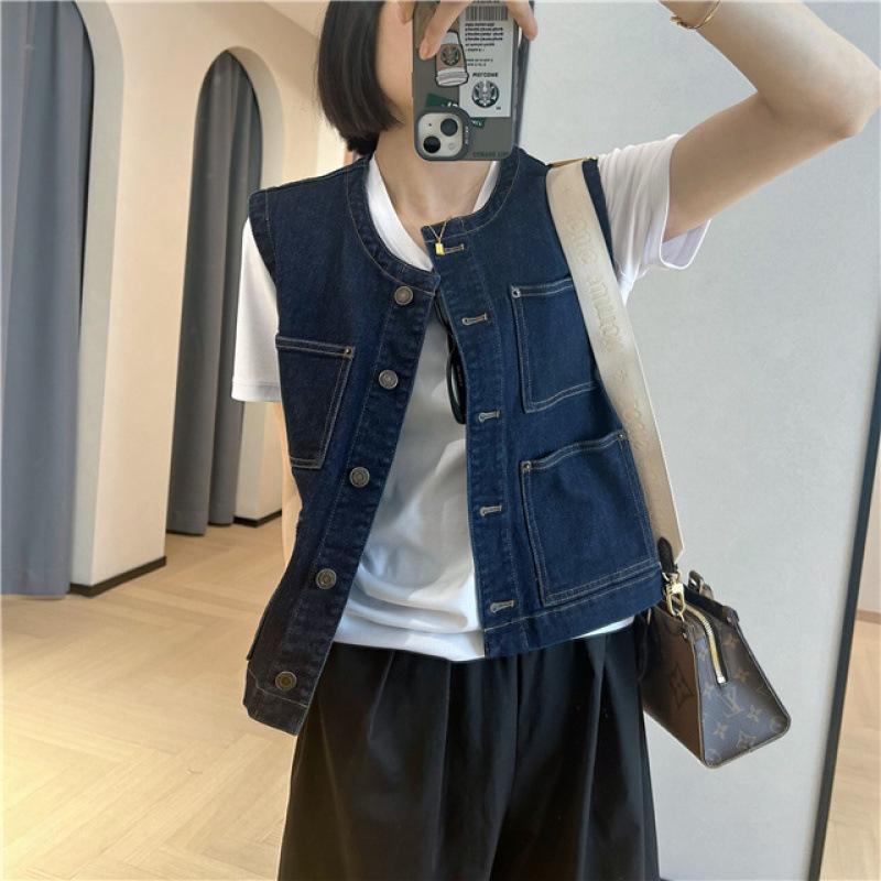 Picture of Vintage dark blue Round Neck Korean Style Short Denim Vest Women's Spring and Autumn New Arrival Styline Sleeveless Vest