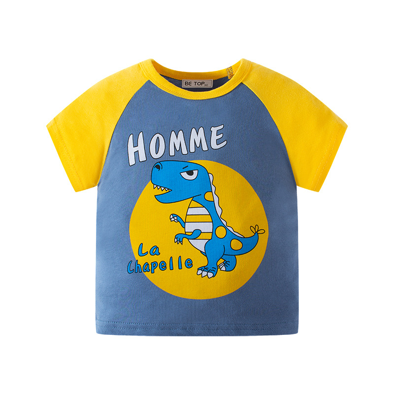 Picture of Children's short-sleeved T-shirt new Korean-style cartoon dinosaur sleeve summer top Baby Cotton color matching clothes delivery