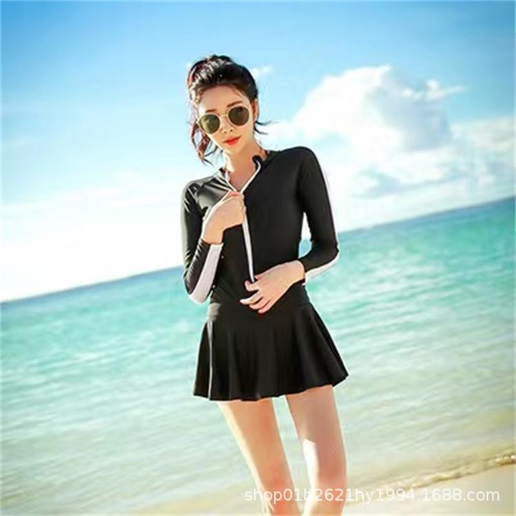 Conservative Swimwear Long Sleeve One-piece Skirt Large Size Quick-drying Women's Slim Belly Covering Slim Flat Angle Swimwear Wholesale