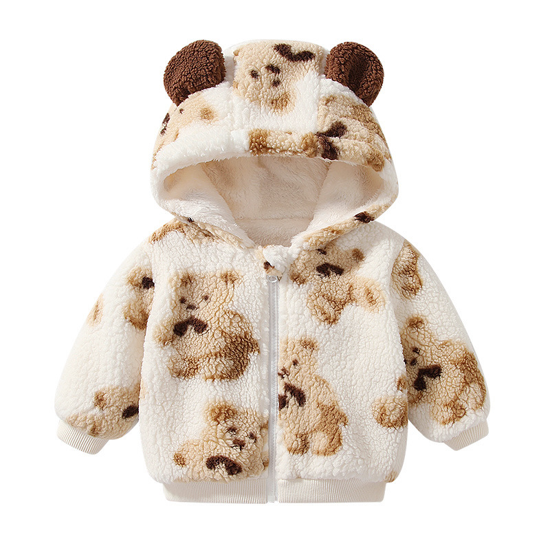 Picture of Children's Outwear Velvet Thickeneded Baby Warm Outing Clothes 2025 Autumn and Winter Cartoon Bear Hooded Baby Clothes