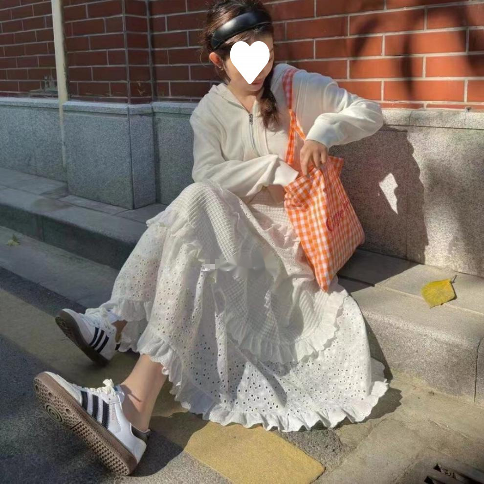 Large Size Women's Gentle Hollow Crochet Skirt Women's Summer High Waist A- Line Cake Skirt Long Skirt Fairy Elegant White