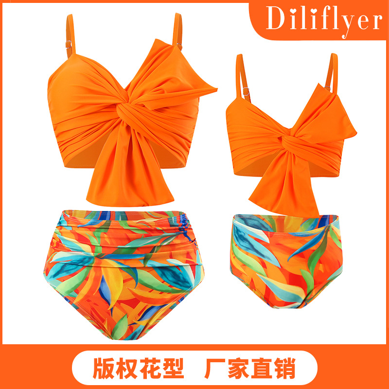 New European and American swimwear wholesale solid color large bow bikini Huludao printed swimming trunks parent-child split swimsuit