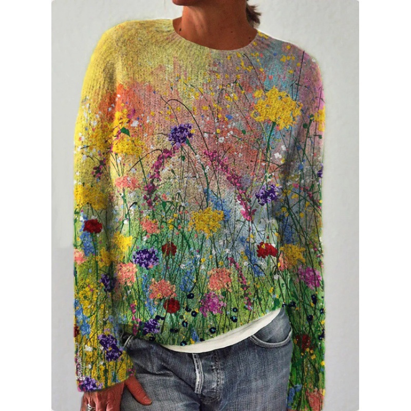 in stock 3D Printed Women's Flower Pattern Pullover Hoodie Hoodless Casual Loose Long Sleeve Top