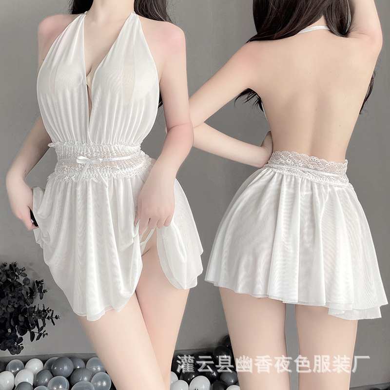 Lin Lin Ting's New Women's Deep V Temptation Backless Design See-Through Double-Layer Mesh Skirt Sexy Halter Nightgown 1026