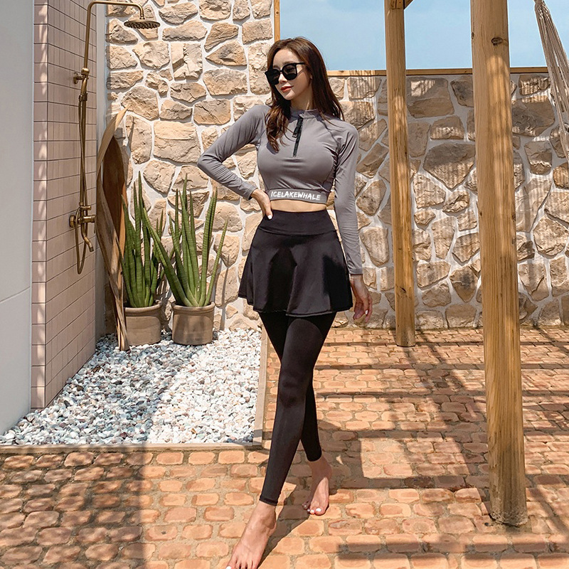2021 Korean New Style Conservative Sunscreen Long-Sleeved High-Neck High-Waist Swimsuit Women's Split Hot Spring Slim Belly-Covering Swimsuit