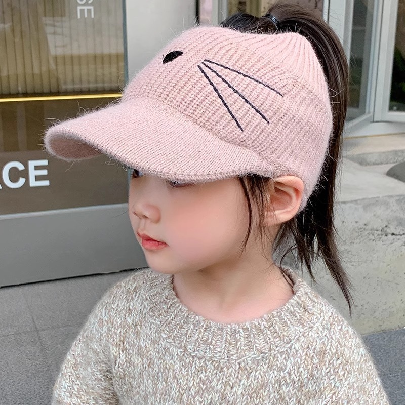 Children's Duck Tongue Hat Autumn and Winter Foreign-style Girls' Empty-top Knitted Hat Woolen Kitten Boys' Baby Woolen Baseball Cap