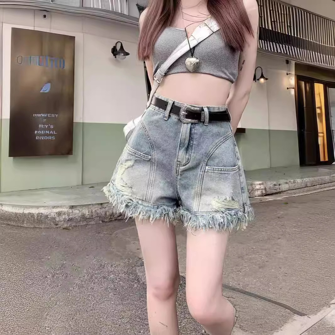 American-style Retro Hot Girl's Hole-ripped Tassel Denim Shorts Women's Short-sized Design High Waist A- shaped Hot Pants Trendy