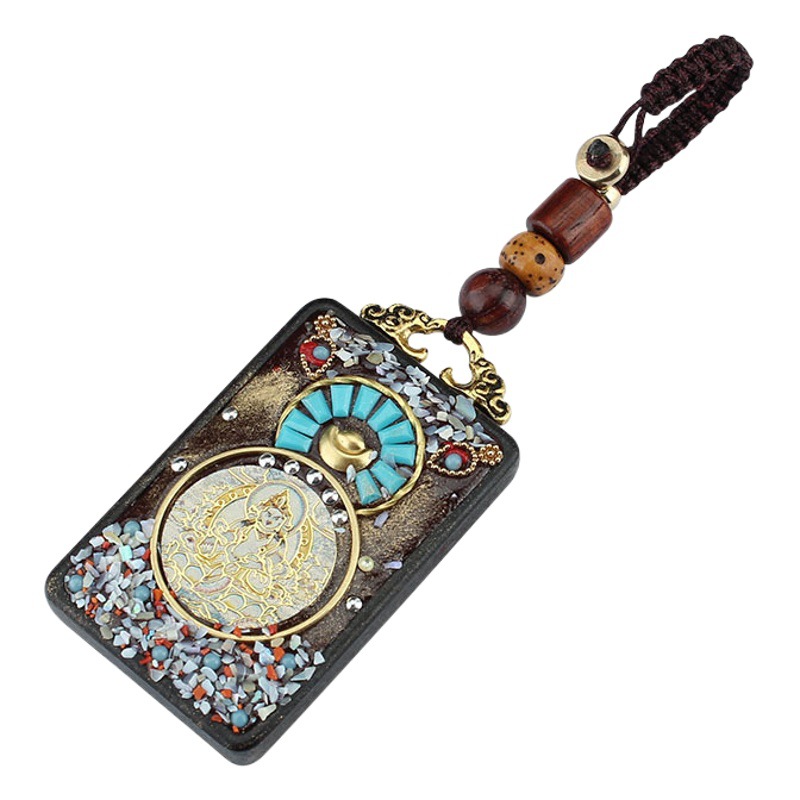 Retro Nepal Xizang Thangka Hand-made Ebony Car Keychain Pendant High-end Gift Ethnic Style Hanging Decoration