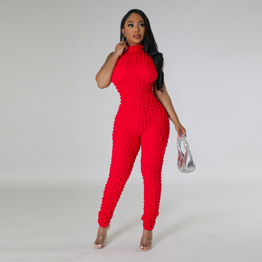 Picture of HT1157 European and American Women's Cross-border New Double Wear Solid Color Popcorn Bubble Zipper Jumpsuit