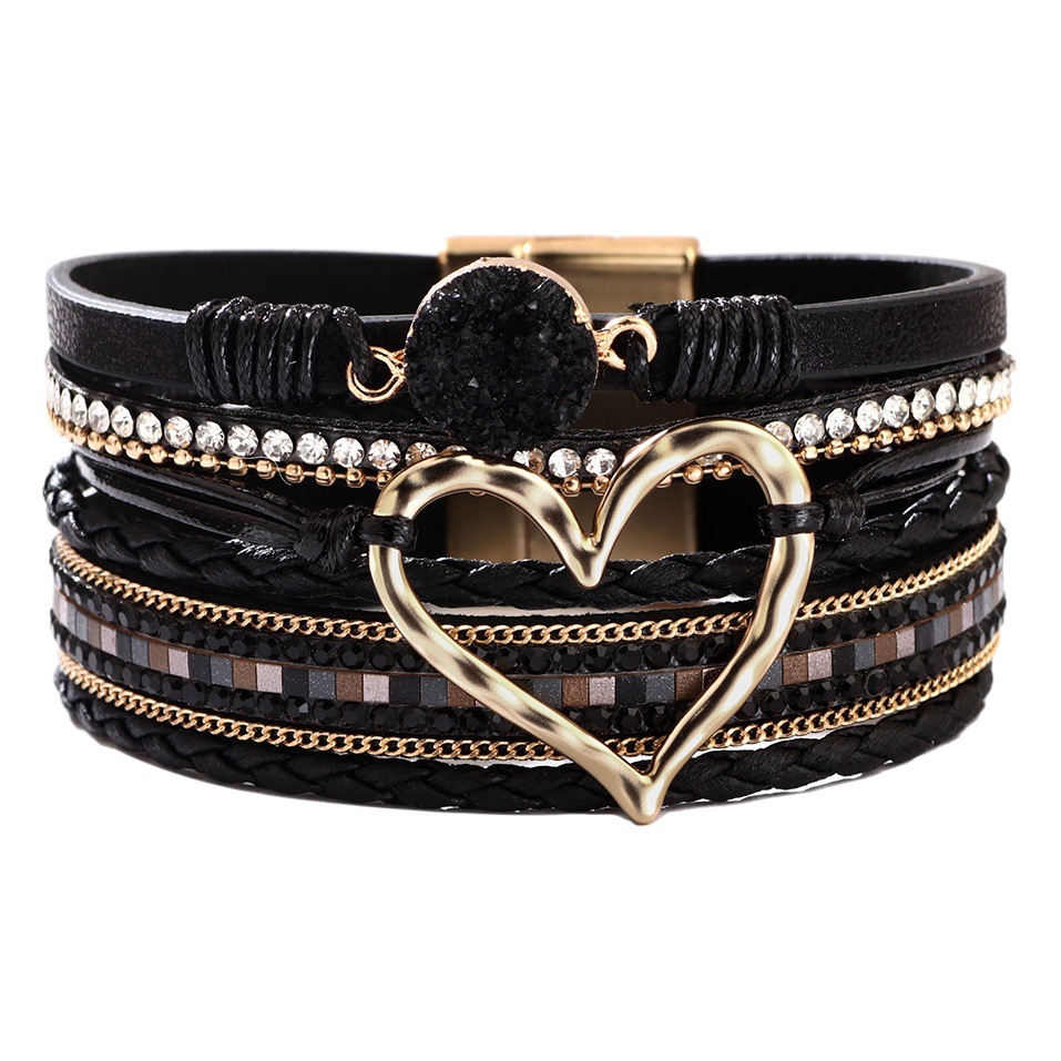 European and American Fashion New Style Bracelet Female Bohemian Love Rhinestone Magnetic Bracelet PU Artificial Leather Soft Bracelet